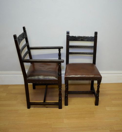 ANTIQUE 8 CARVED OAK DINING CHAIRS - ADDITIONAL PHOTO 13