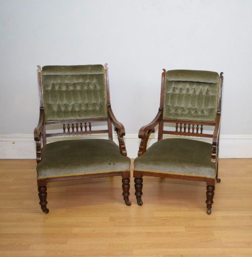 VICTORIAN WALNUT LADIES GENTS ARMCHAIRS - ADDITIONAL PHOTO 2