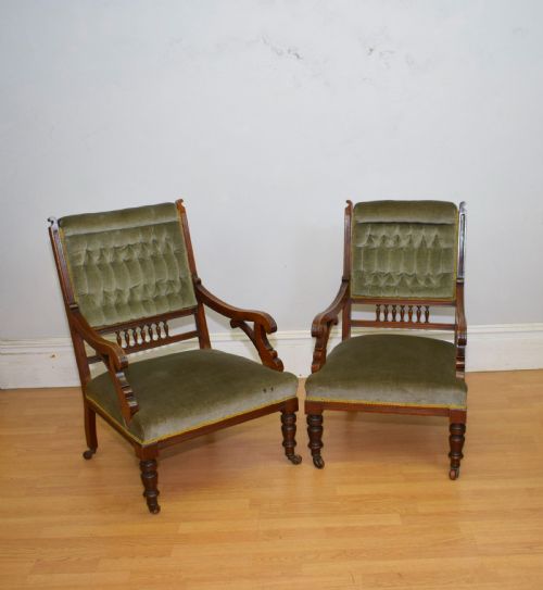 VICTORIAN WALNUT LADIES GENTS ARMCHAIRS - ADDITIONAL PHOTO 11