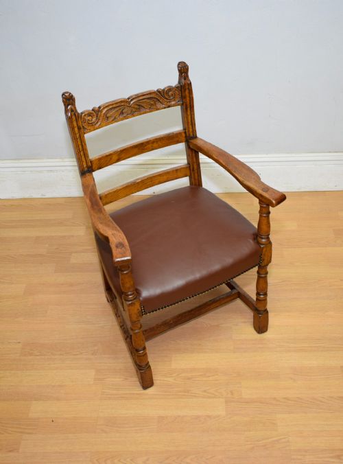 ANTIQUE CARVED OAK ARMCHAIR DESK CHAIR - ADDITIONAL PHOTO 5