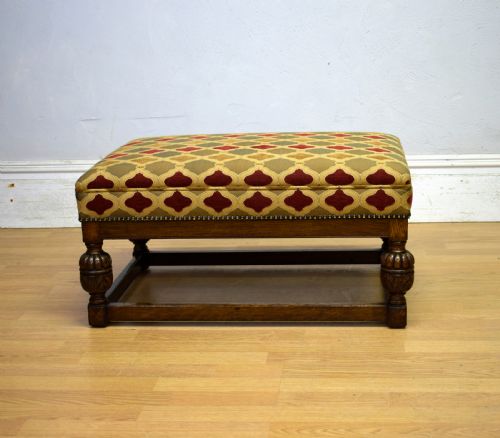 ANTIQUE CARVED OAK UPHOLSTERED CENTER STOOL - ADDITIONAL PHOTO 3