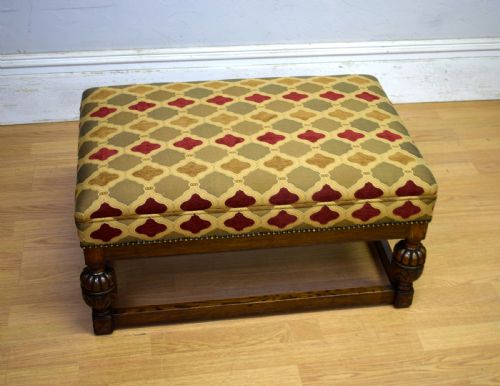 ANTIQUE CARVED OAK UPHOLSTERED CENTER STOOL - ADDITIONAL PHOTO 4