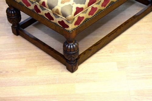 ANTIQUE CARVED OAK UPHOLSTERED CENTER STOOL - ADDITIONAL PHOTO 5