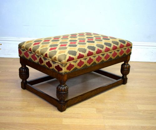 ANTIQUE CARVED OAK UPHOLSTERED CENTER STOOL - ADDITIONAL PHOTO 8