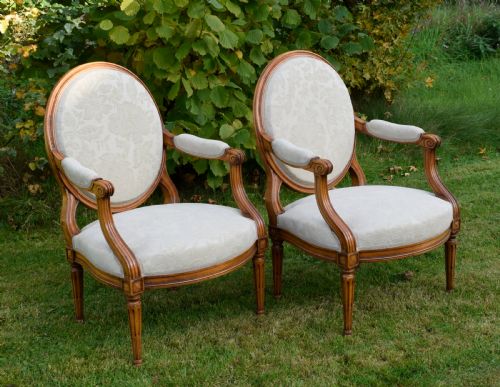 PAIR OF FRENCH FULLY UPHOLSTERED OPEN ARMCHAIRS