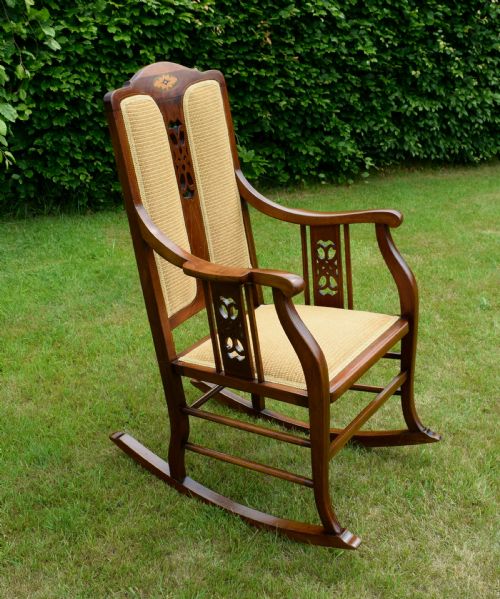 EDWARDIAN MAHOGANY INLAID ROCKING CHAIR - ADDITIONAL PHOTO 7