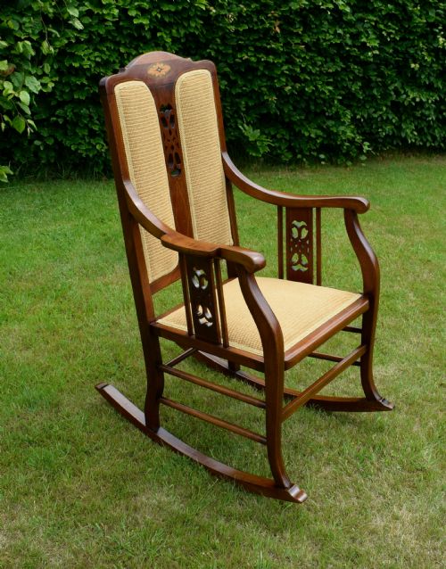 EDWARDIAN MAHOGANY INLAID ROCKING CHAIR - ADDITIONAL PHOTO 22