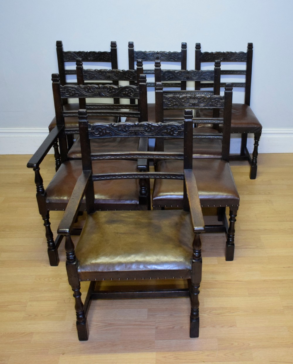 Antique 8 Carved Oak  Dining Chairs View II