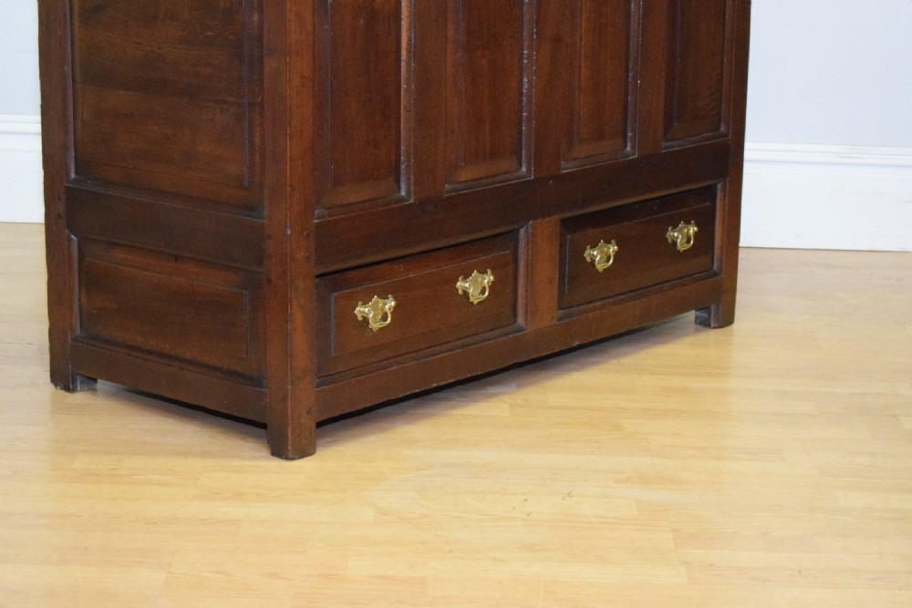 A dark Georgian oak mule chest featuring four fielded front panels and two lower drawers with brass swan-neck handles. View VIII