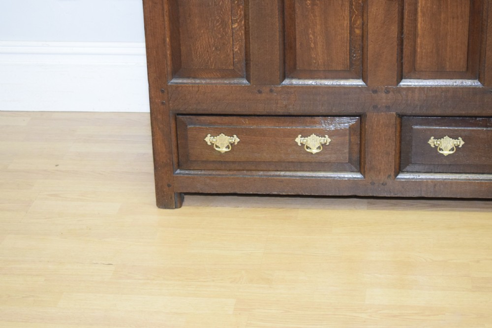 A dark Georgian oak mule chest featuring four fielded front panels and two lower drawers with brass swan-neck handles. View XVI