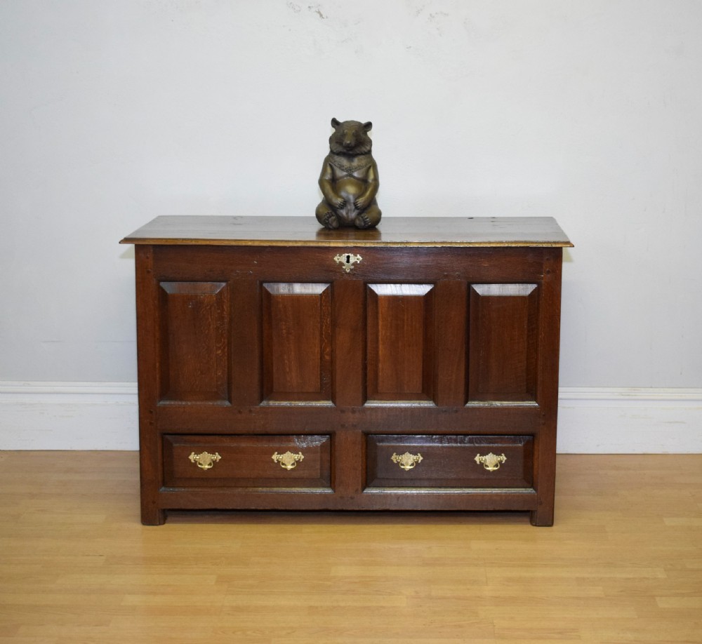 A dark Georgian oak mule chest featuring four fielded front panels and two lower drawers with brass swan-neck handles. View XVII