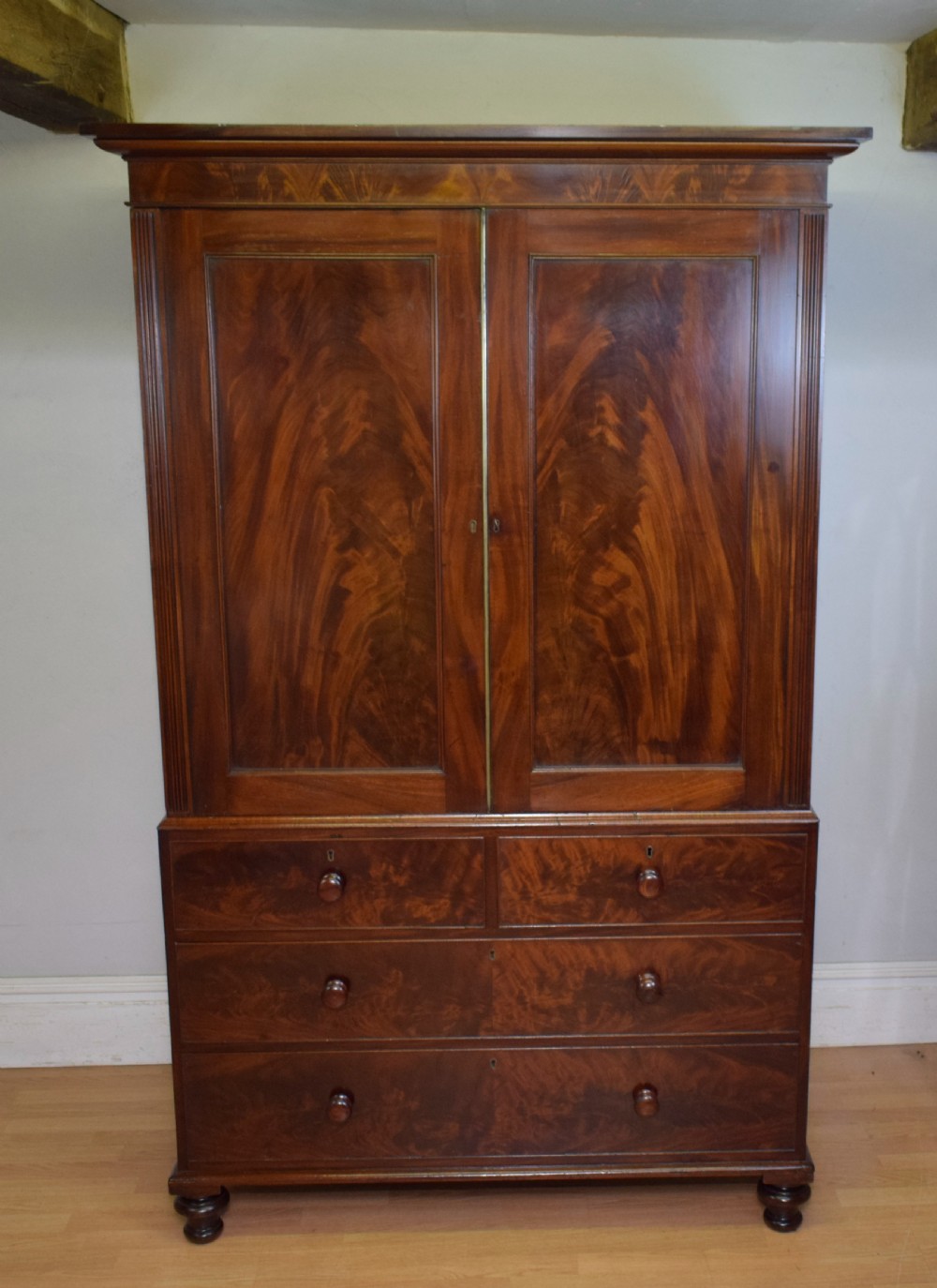 Antique Victorian Linen Press in Flame Mahogany View V