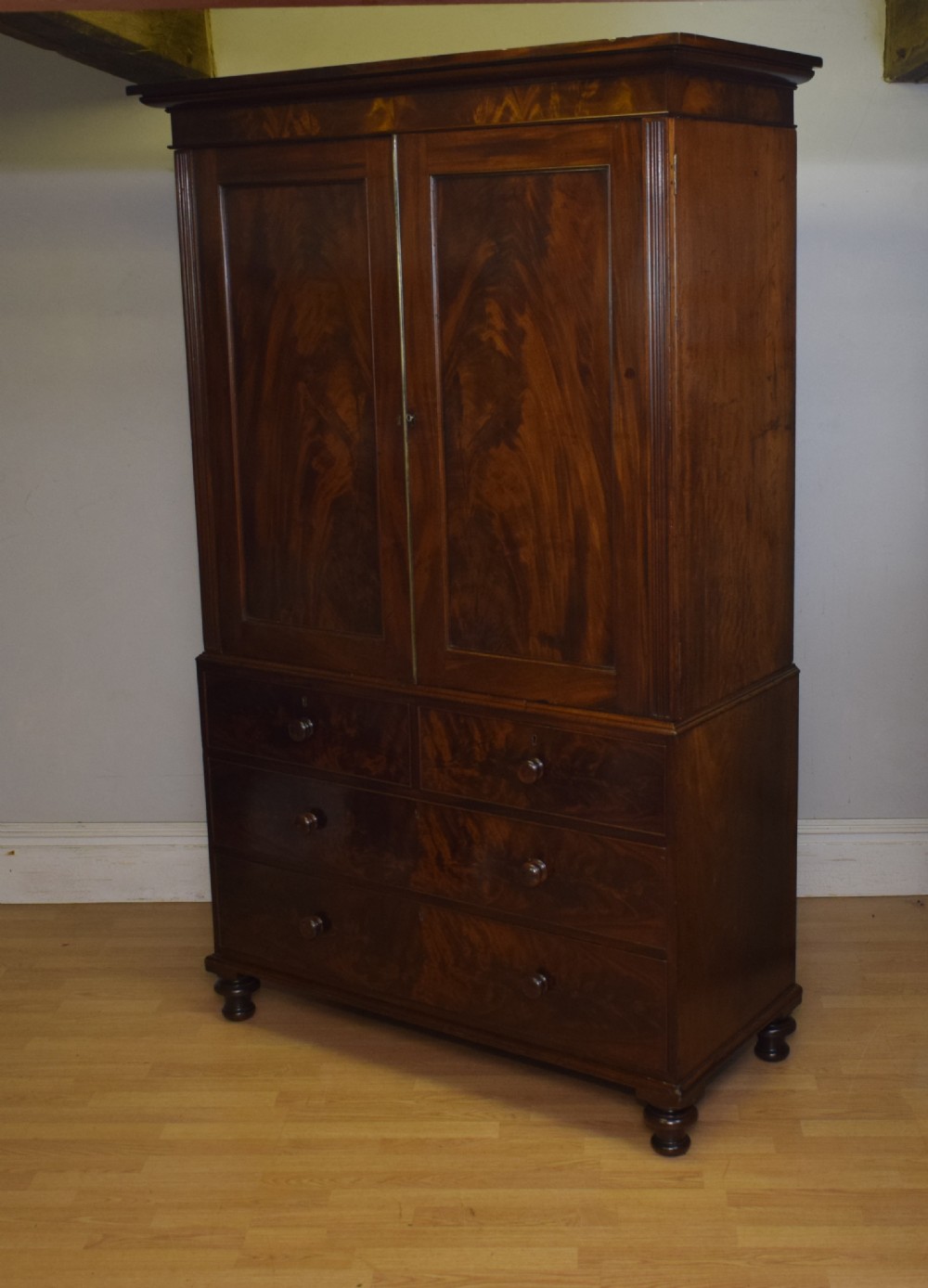 Antique Victorian Linen Press in Flame Mahogany View XIV