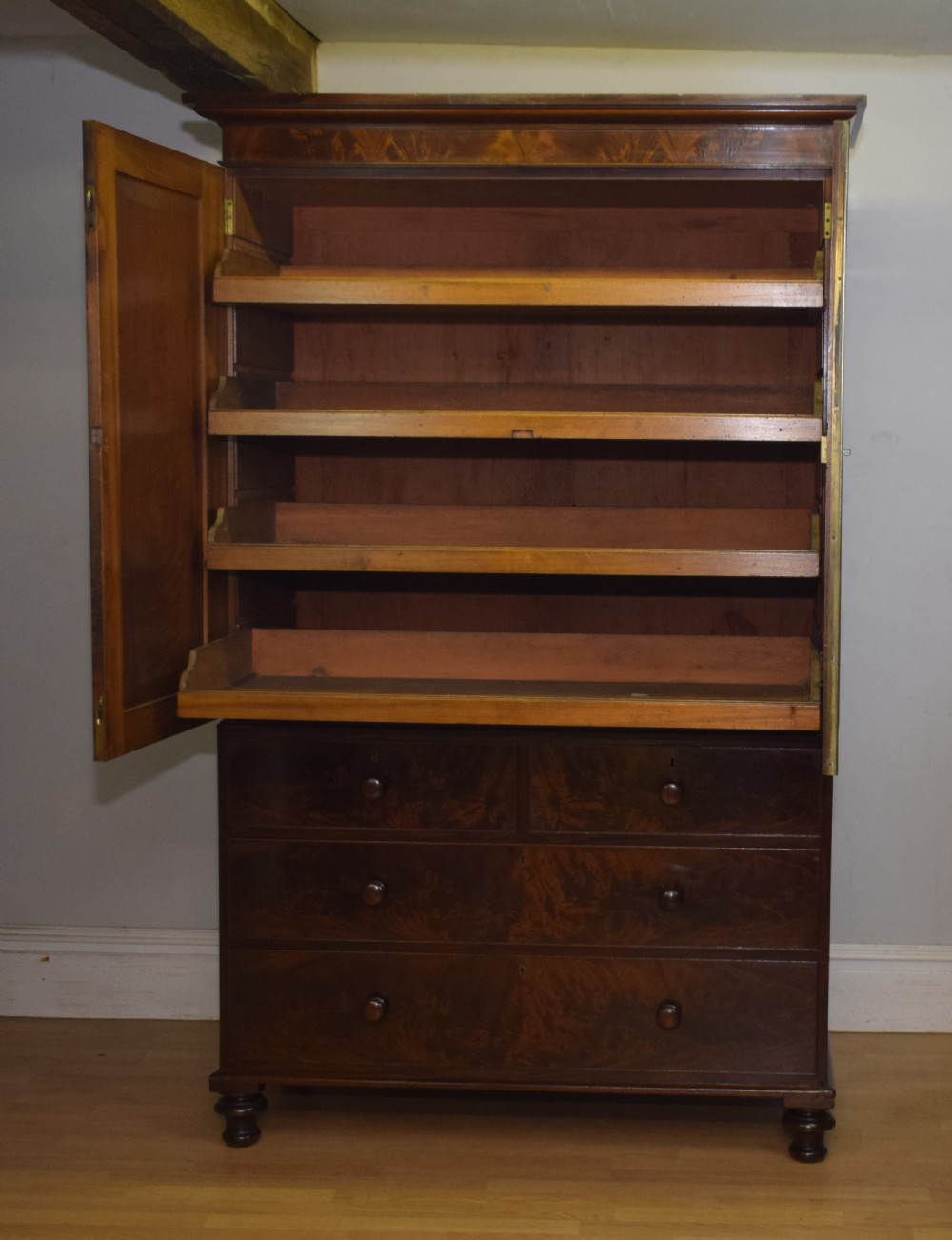 Antique Victorian Linen Press in Flame Mahogany View XIX