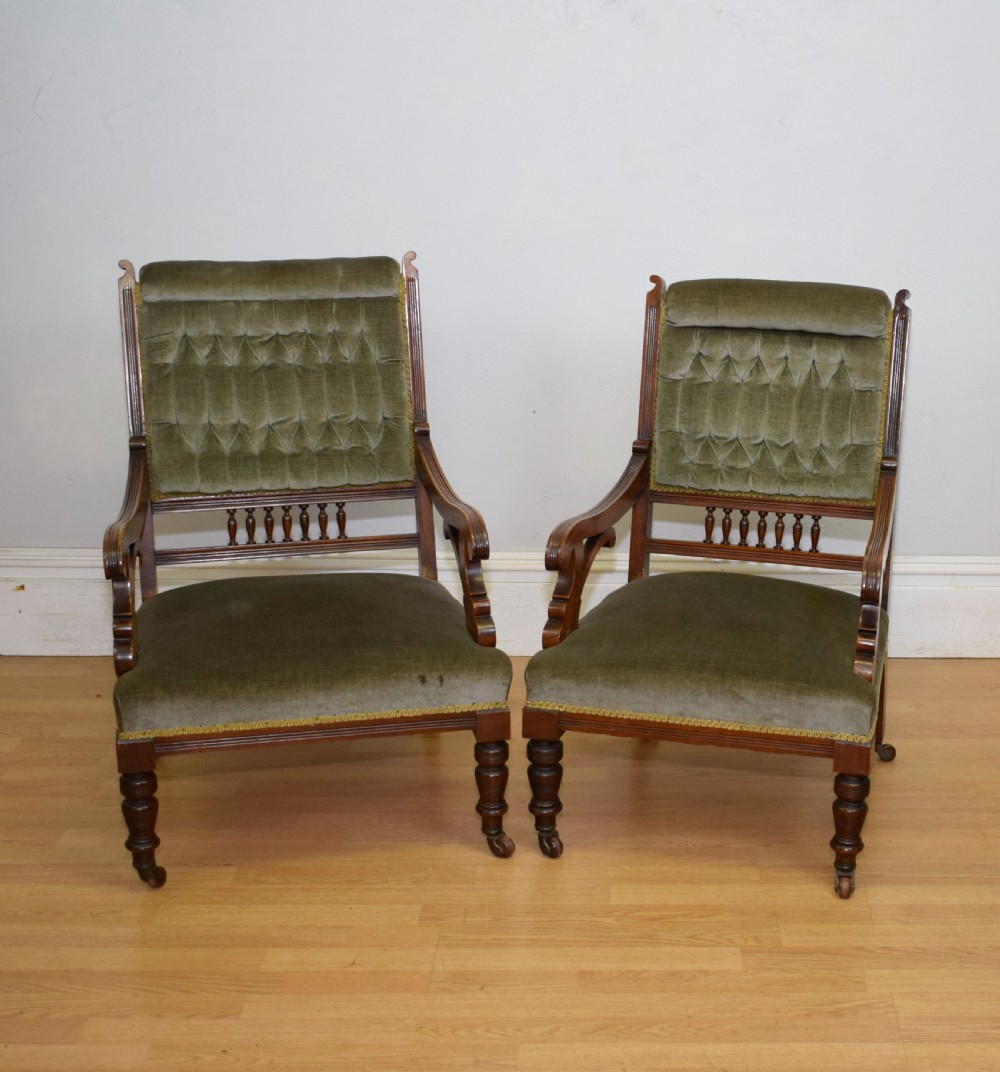 Victorian Walnut Ladies & Gents Armchairs