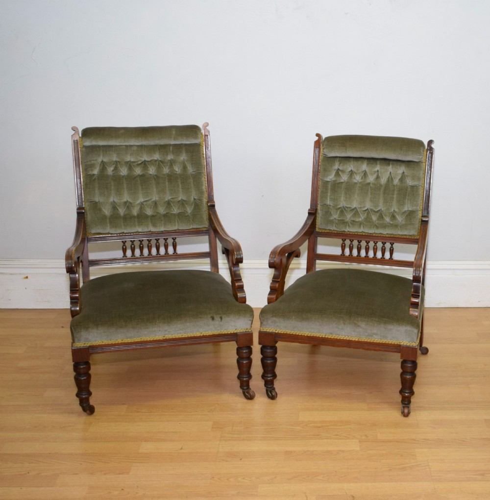 Victorian Walnut Ladies & Gents Armchairs View III