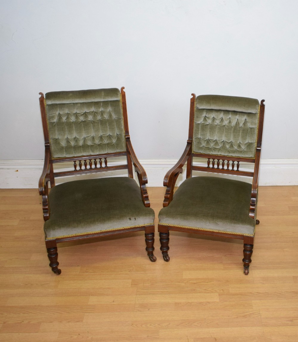 Victorian Walnut Ladies & Gents Armchairs View VIII