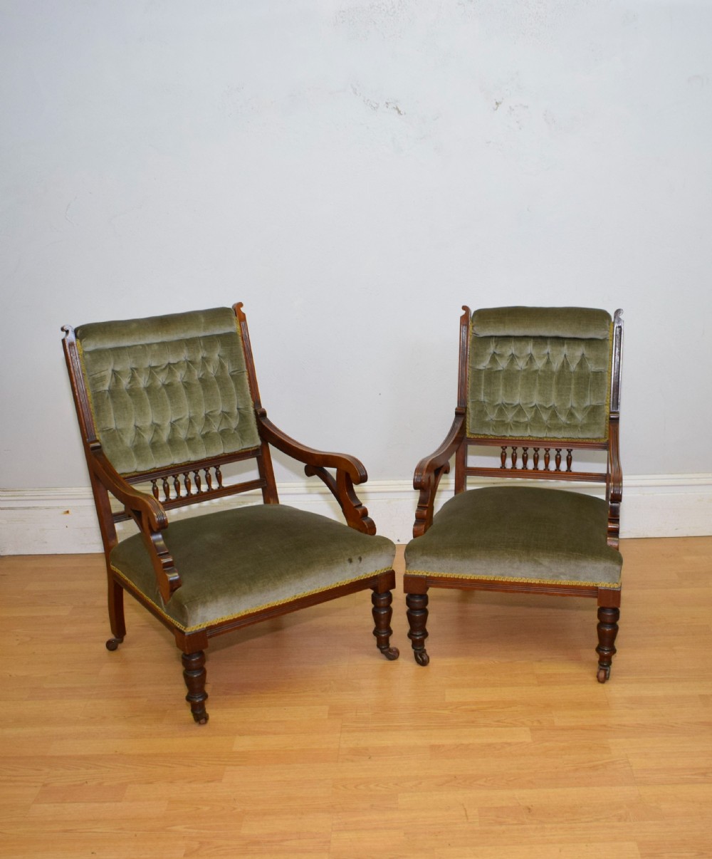 Victorian Walnut Ladies & Gents Armchairs View X