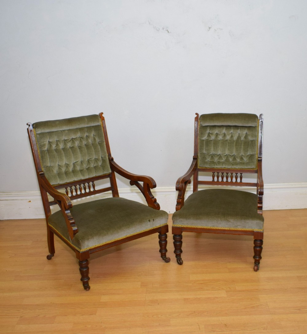 Victorian Walnut Ladies & Gents Armchairs View XI