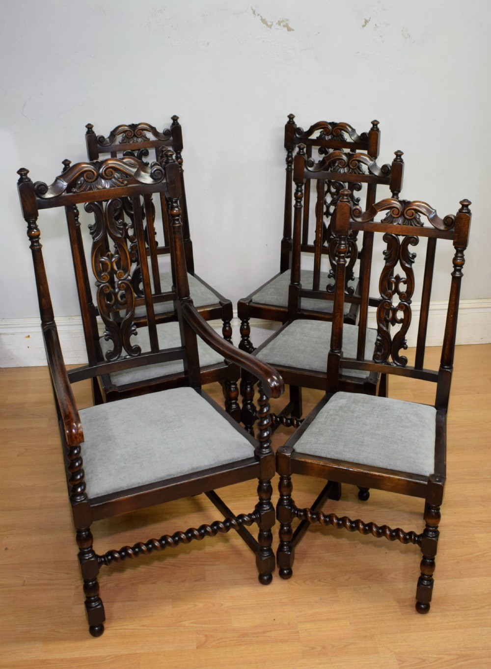 Antique Set Of 6 Carved High Back Dining Chairs View X