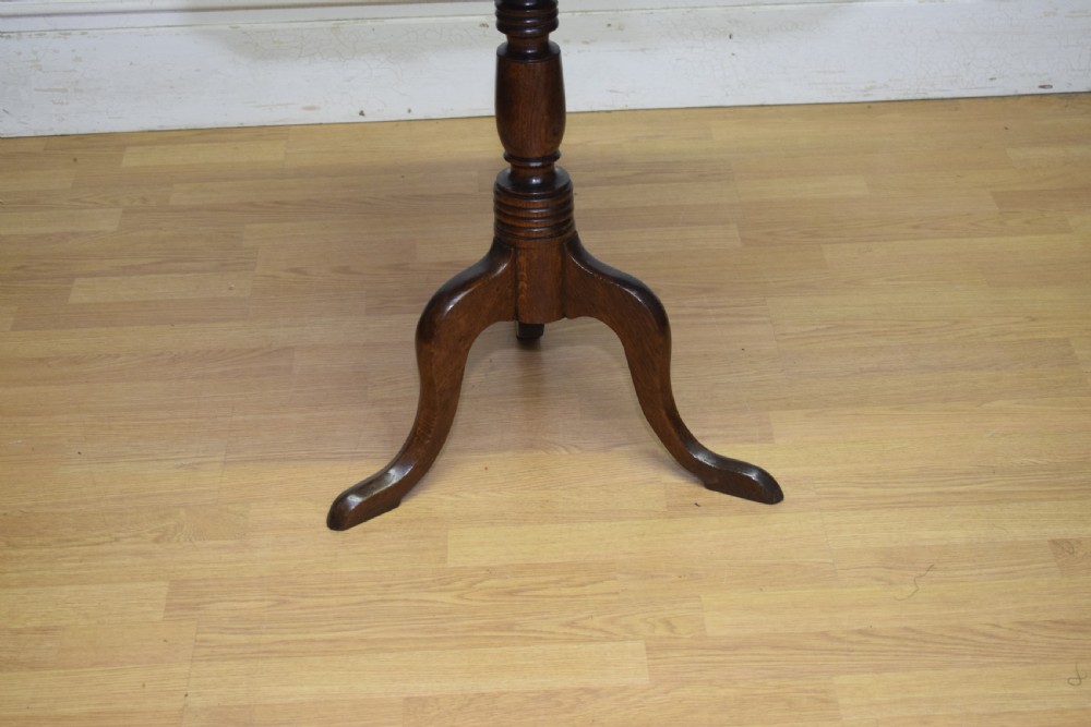 A Georgian oak tripod table with a rectangular top featuring canted corners, a turned pedestal stem, and three downswept legs. View XIV