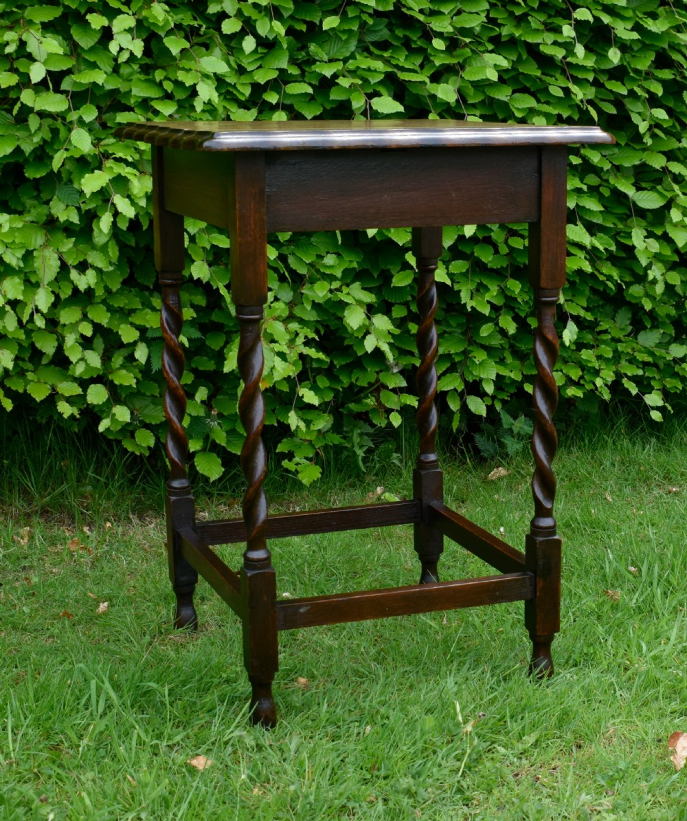 A dark brown square oak side table featuring a scalloped piecrust edge, four barley twist turned legs, and a lower square stretcher frame. View VIII