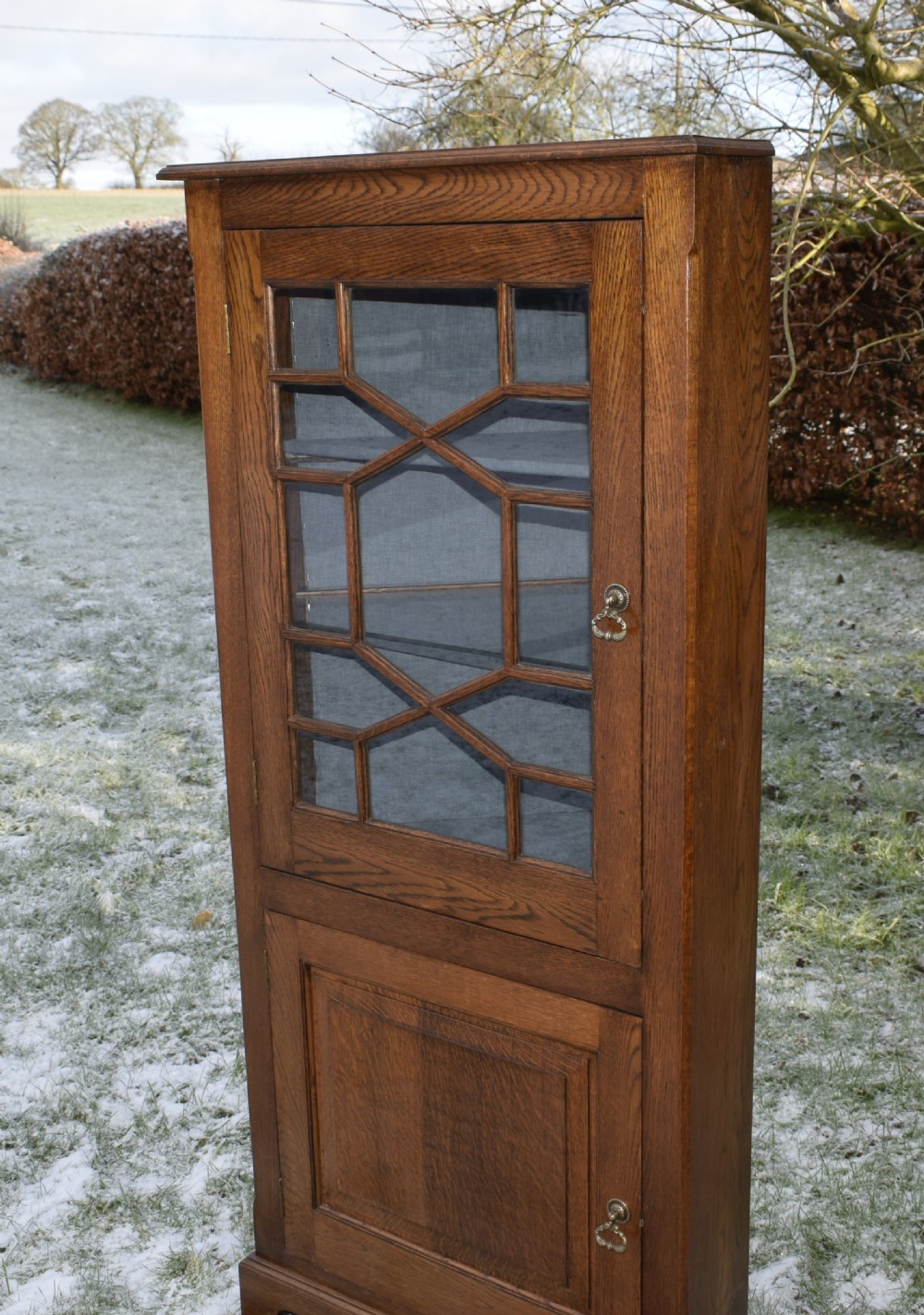 An early twentieth-century freestanding oak corner cabinet featuring an upper astragal glazed door and a lower solid panelled door on bracket feet. View VIII