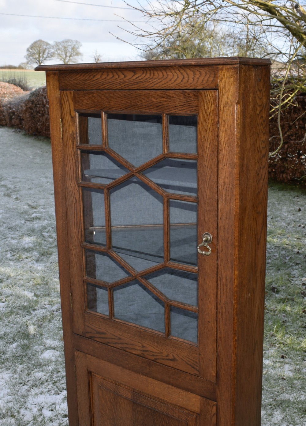 An early twentieth-century freestanding oak corner cabinet featuring an upper astragal glazed door and a lower solid panelled door on bracket feet. View XIX