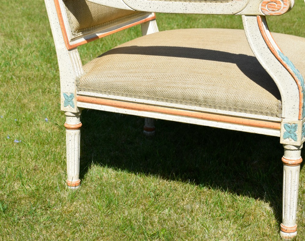 An early 20th-century French Louis XVI style fauteuil armchair featuring a painted off-white frame with fluted legs and beige herringbone fabric upholstery. View VII