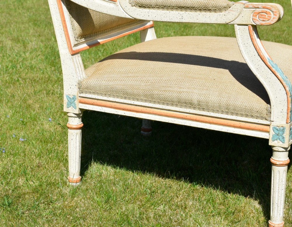 An early 20th-century French Louis XVI style fauteuil armchair featuring a painted off-white frame with fluted legs and beige herringbone fabric upholstery. View VIII