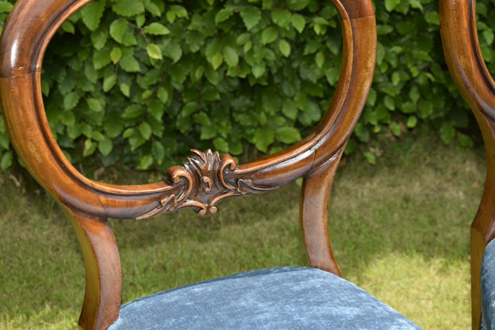 A set of four Victorian balloon back dining chairs crafted from polished walnut with blue velvet upholstered seats and carved crossbars above cabriole front legs. View VIII