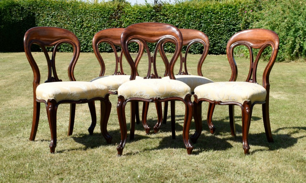 A set of five Victorian mahogany balloon back dining chairs with carved cabriole front legs and pale cream pattern-upholstered seats. View II