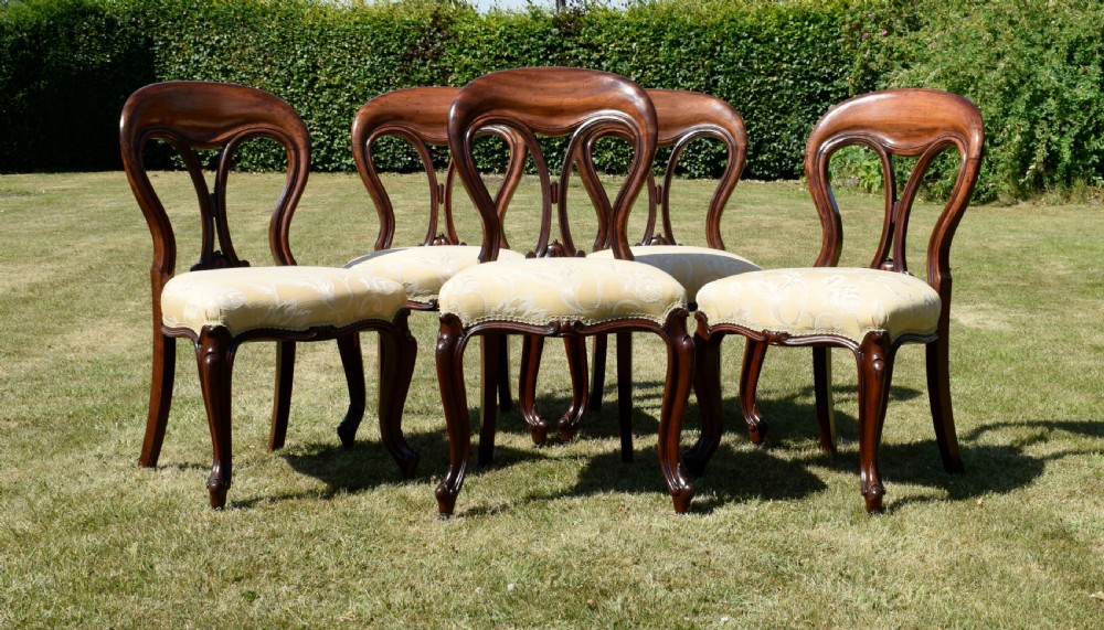 A set of five Victorian mahogany balloon back dining chairs with carved cabriole front legs and pale cream pattern-upholstered seats. View III