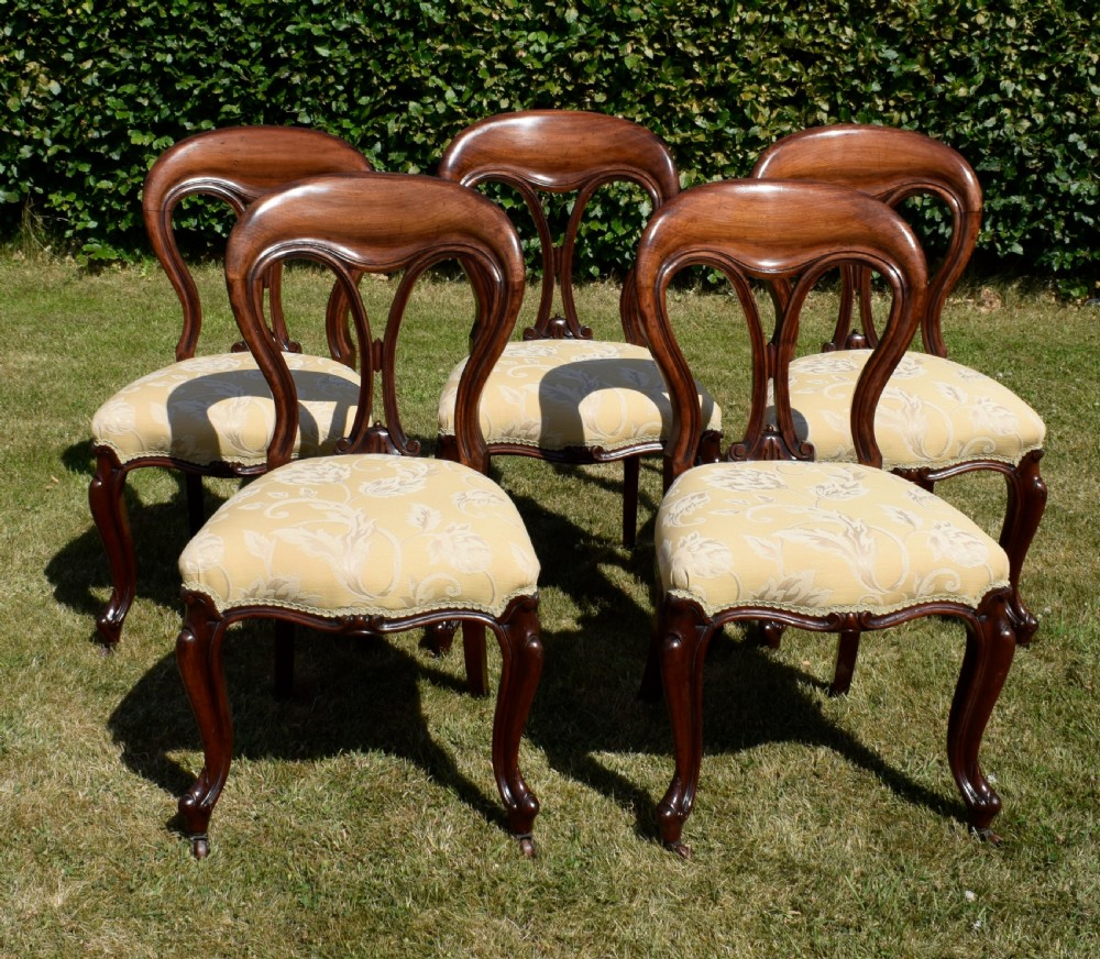 A set of five Victorian mahogany balloon back dining chairs with carved cabriole front legs and pale cream pattern-upholstered seats. View IV