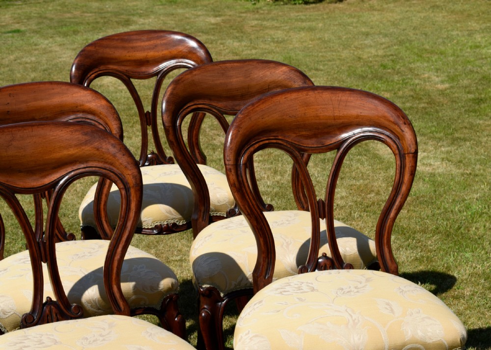 A set of five Victorian mahogany balloon back dining chairs with carved cabriole front legs and pale cream pattern-upholstered seats. View XIV