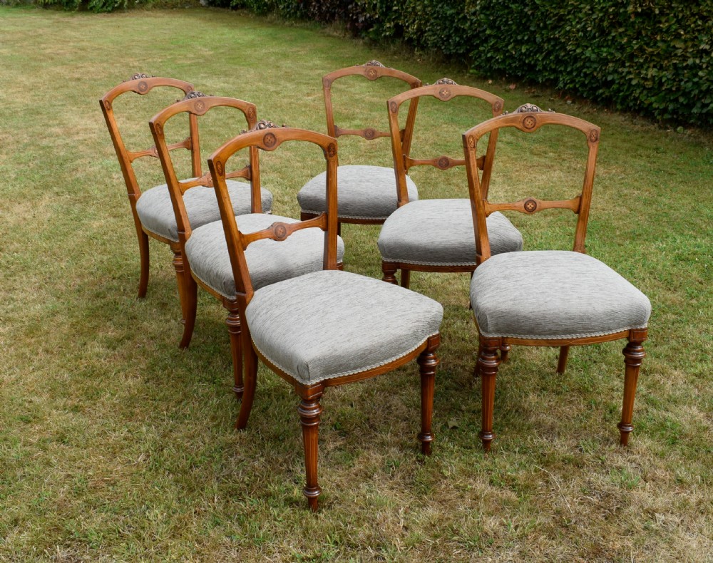 Set of 6 Victorian Walnut & Inlaid Dining Chairs
