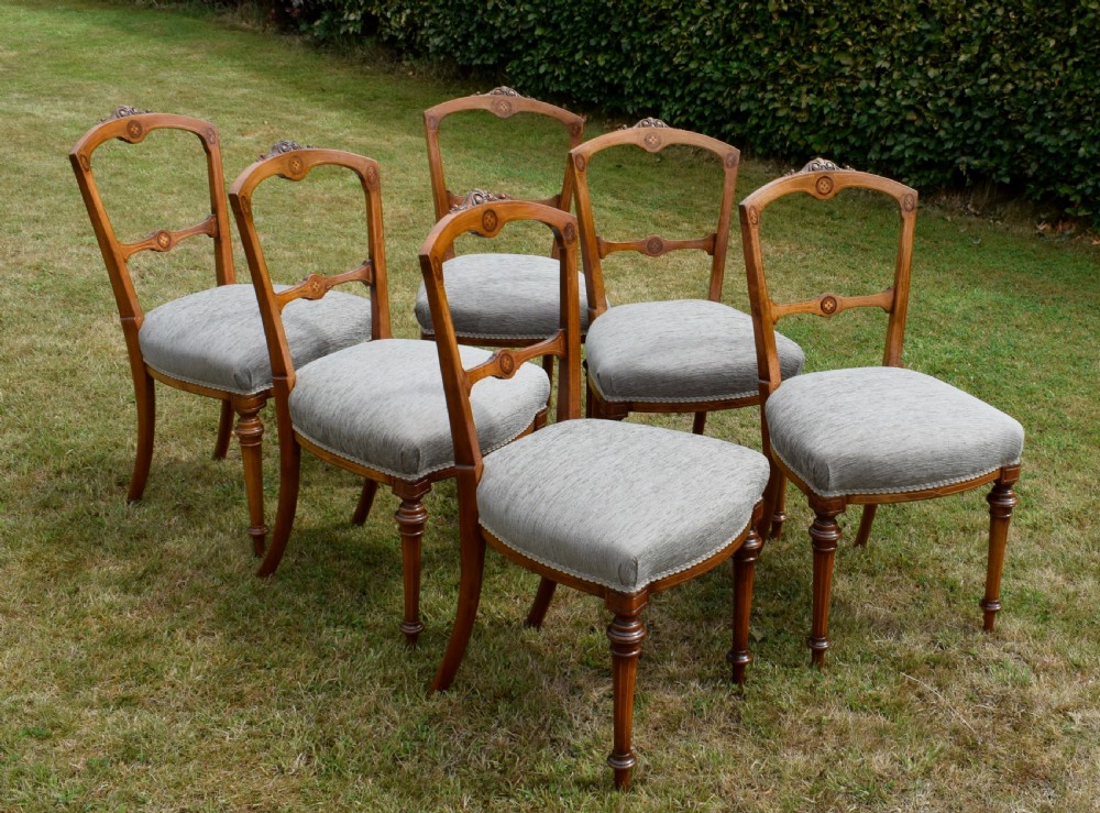 Set of 6 Victorian Walnut & Inlaid Dining Chairs View V