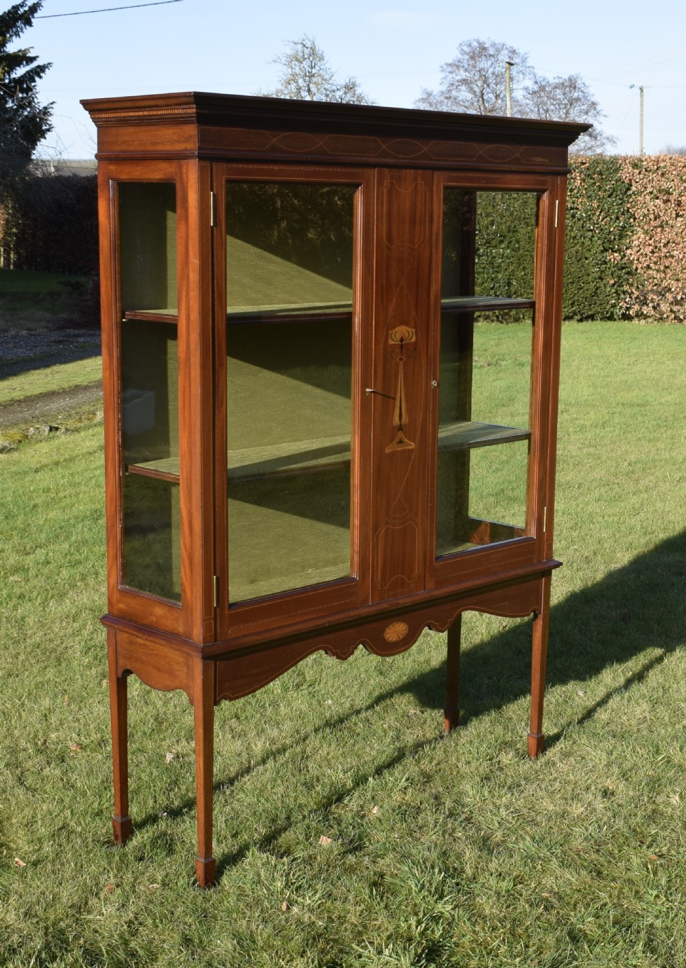 An early 20th-century mahogany Art Nouveau display cabinet featuring glazed doors, central inlaid botanical marquetry, and a fabric-lined interior on slender legs. View II