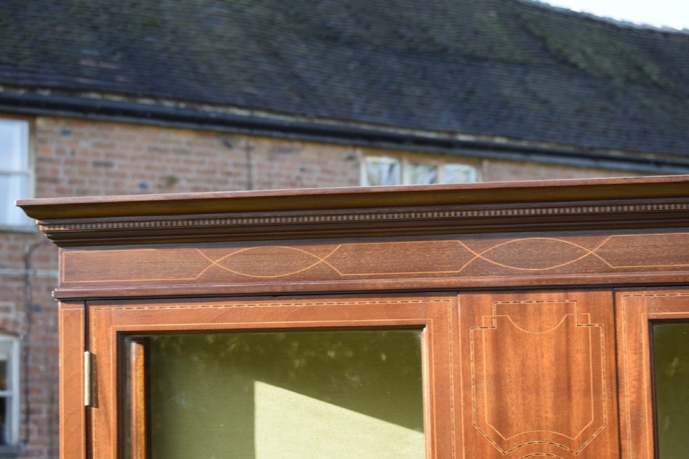 An early 20th-century mahogany Art Nouveau display cabinet featuring glazed doors, central inlaid botanical marquetry, and a fabric-lined interior on slender legs. View X