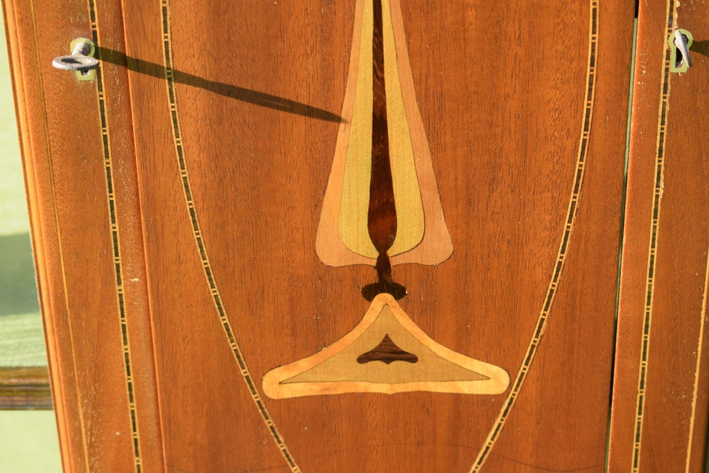 An early 20th-century mahogany Art Nouveau display cabinet featuring glazed doors, central inlaid botanical marquetry, and a fabric-lined interior on slender legs. View XVI