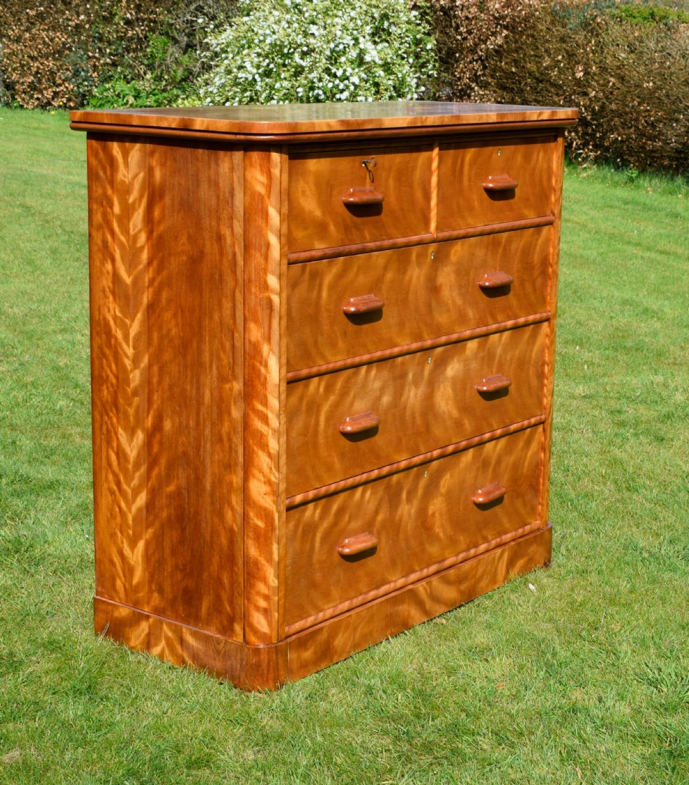 Victorian golden birch chest of drawers featuring a two-over-three drawer configuration, rounded corners, integrated timber handles, and a plinth base. View II