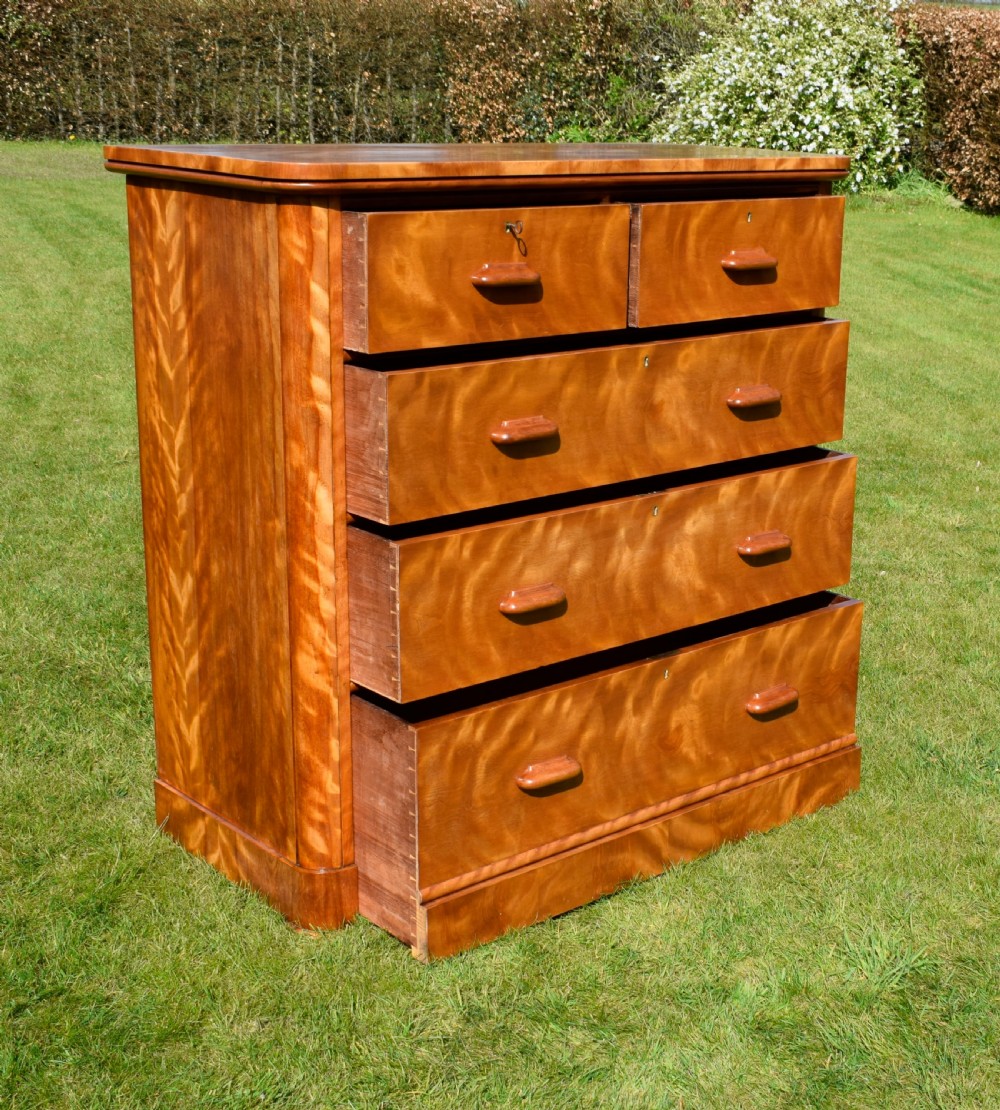 Victorian golden birch chest of drawers featuring a two-over-three drawer configuration, rounded corners, integrated timber handles, and a plinth base. View XI