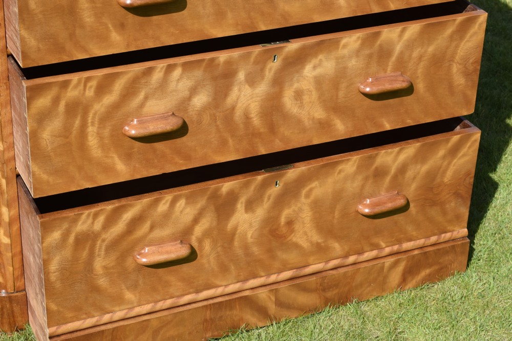 Victorian golden birch chest of drawers featuring a two-over-three drawer configuration, rounded corners, integrated timber handles, and a plinth base. View XIV