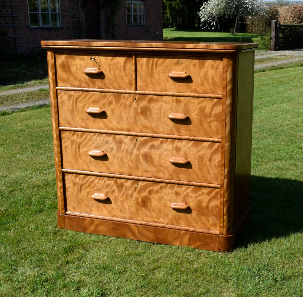 Victorian golden birch chest of drawers featuring a two-over-three drawer configuration, rounded corners, integrated timber handles, and a plinth base. View XIX