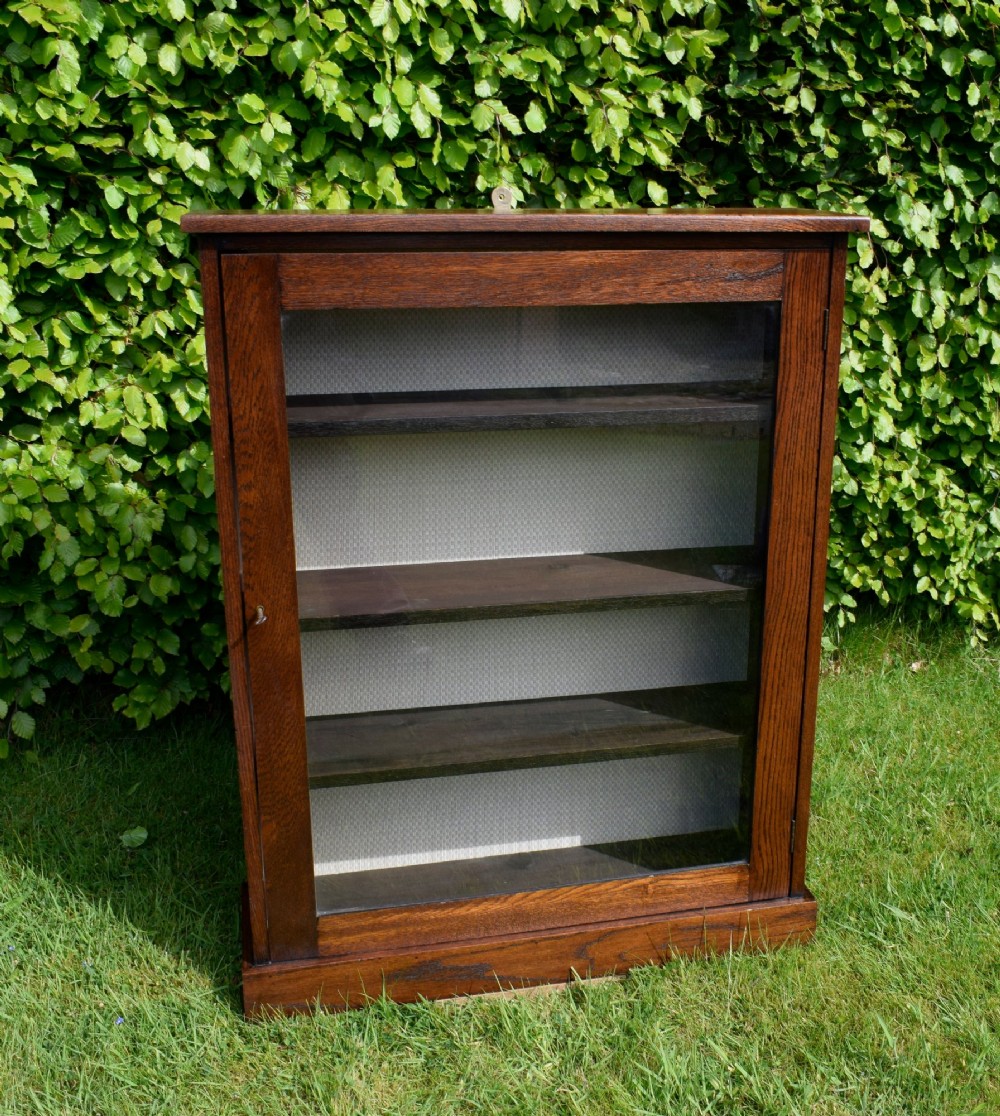 A dark oak glazed cabinet featuring a single glass door opening to internal shelving backed with a neutral patterned fabric lining.
