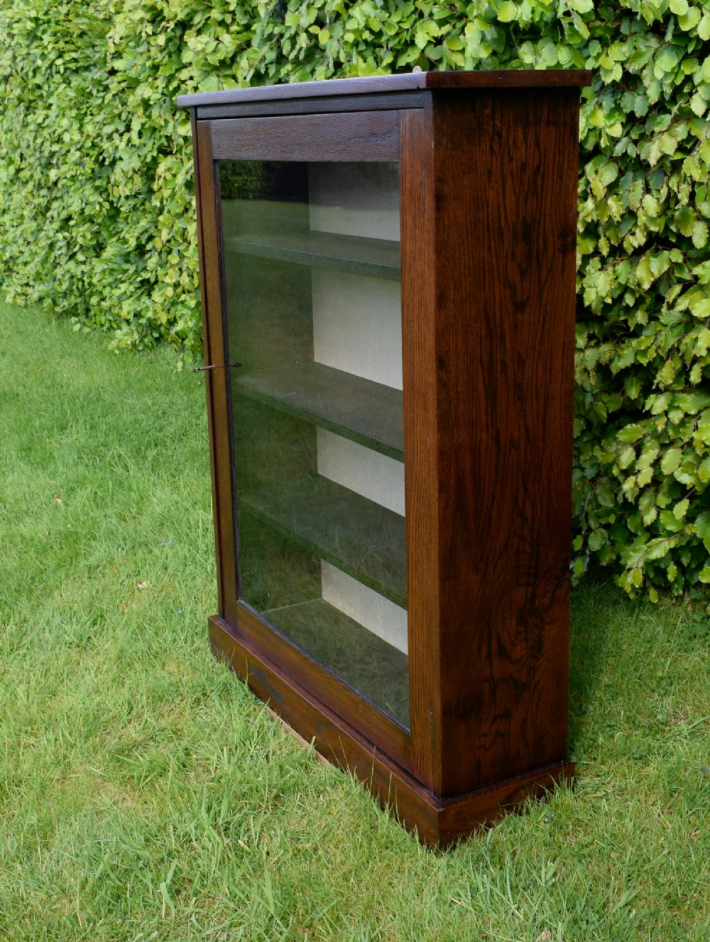 A dark oak glazed cabinet featuring a single glass door opening to internal shelving backed with a neutral patterned fabric lining. View IV
