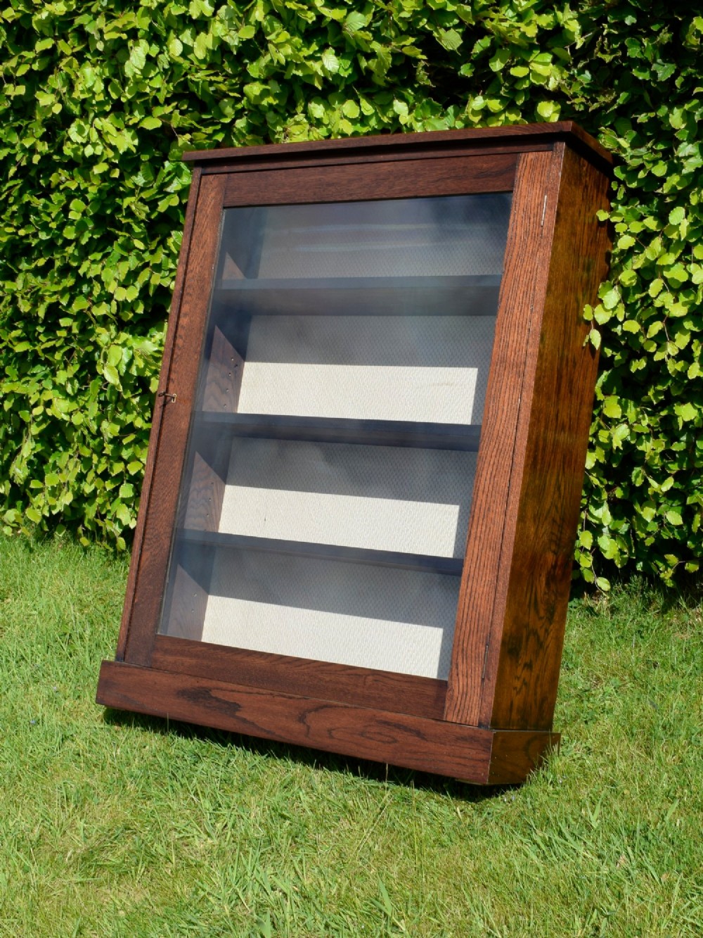 A dark oak glazed cabinet featuring a single glass door opening to internal shelving backed with a neutral patterned fabric lining. View V