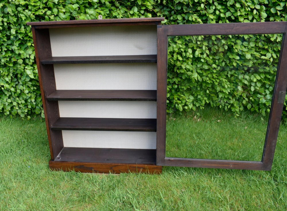 A dark oak glazed cabinet featuring a single glass door opening to internal shelving backed with a neutral patterned fabric lining. View X