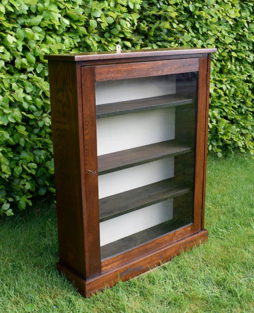 A dark oak glazed cabinet featuring a single glass door opening to internal shelving backed with a neutral patterned fabric lining. View XV