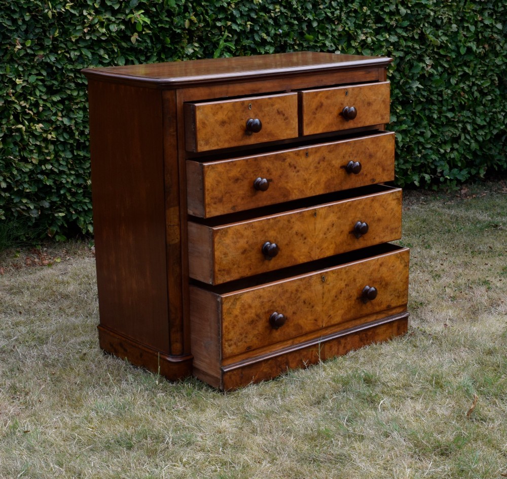 A Victorian burr walnut chest of drawers featuring two short over three long graduated drawers with turned wooden knobs and a solid plinth base. View VI